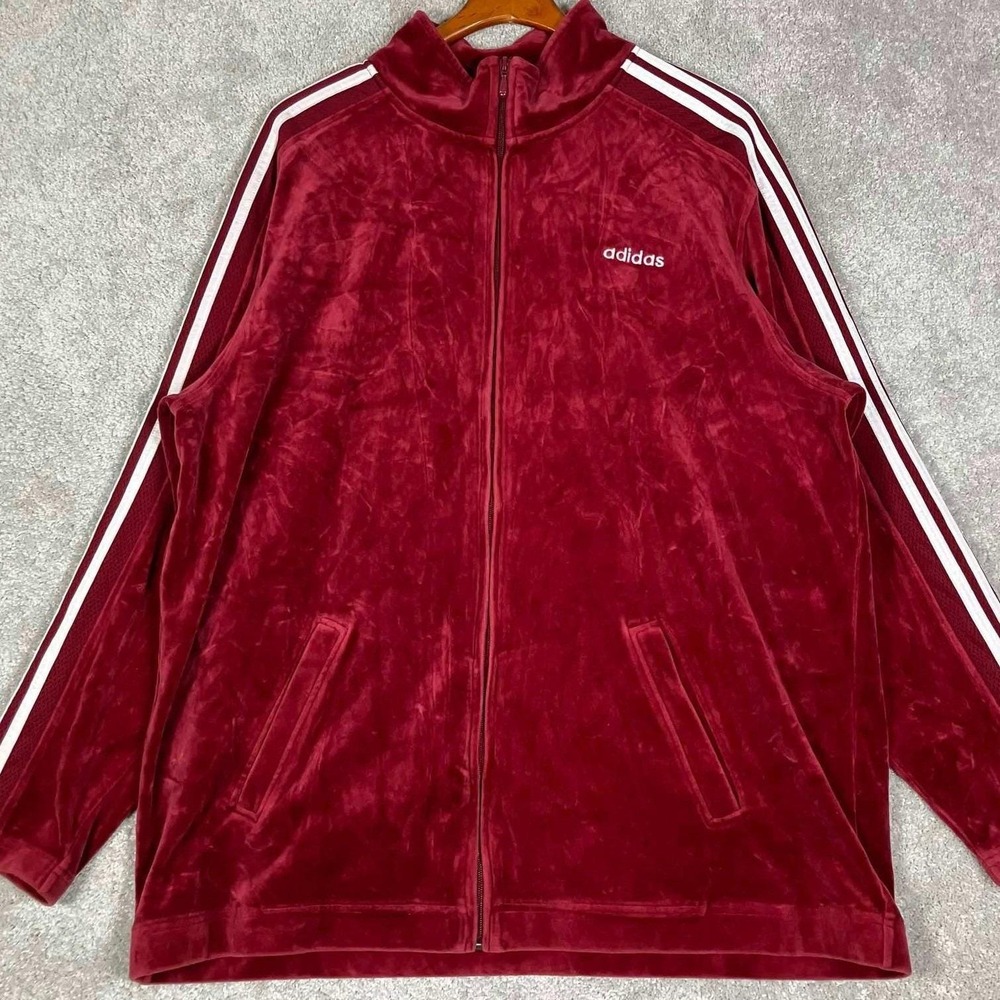 Vintage Adidas Track Jacket Mens XL Red Velour 3 Stripe Full Zip Sopranos Y2K